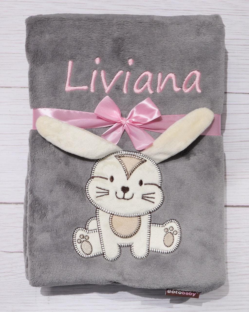 Baby blanket embroidered with name and date 76 x 102 cm - GRAY RABBIT - 802037 - Gift Birth Baptism Baby Shower