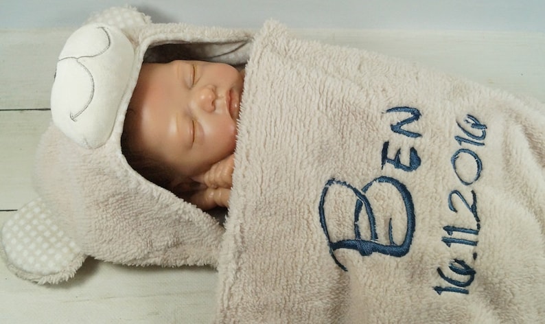 3D baby blanket embroidered with name and date 75 x 100 cm beige with teddy 302022 gift birth baptism image 4