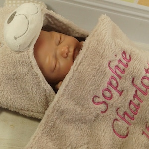 3D baby blanket embroidered with name and date 75 x 100 cm beige with teddy 302022 gift birth baptism image 5