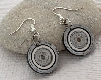 Paper earrings. Silver and black colours. Paper jewellery. Quilling paper earrings. Stocking filler.Paper gift. Round lightweight earrings.