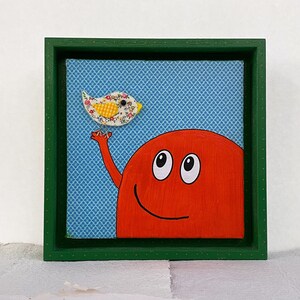 Arte para la habitación de los niños y la sala de juegos. Arte infantil de carácter naranja. Arte caprichoso para guardería y sala de juegos. Técnica mixta para niños. Collage original.