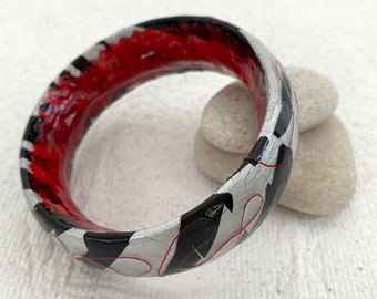 Paper bangle. Decoupaged wooden bangle. Animal print patten jewellery. Zebra pattern bracelet. Stocking filler. Black silver red.