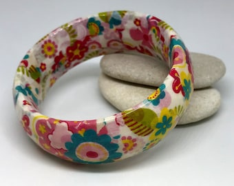 Art jewelry. Bangle. Eco friendly paper gift. Ready to ship. Decoupaged wooden bracelet. Floral. Gift for her. Paper jewellery.