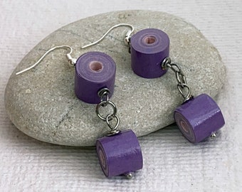 Purple dangling earrings. Paper earrings. Paper jewelry. 1st anniversary. Eco friendly gift. Stocking filler. Quilled earrings. Quilling.