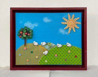 Original art for nursery room. Kids room wall decor. Playroom art with sheep. Baby gift. Mixed media art for playroom. Child gift.