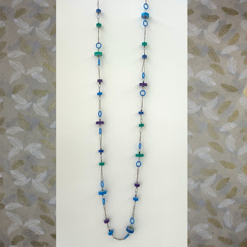 Long necklace. Paper beads. Paper jewellery. Ready to ship. Stocking filler. Unique gift. Blue and purple necklace. 1st anniversary gift. image 3