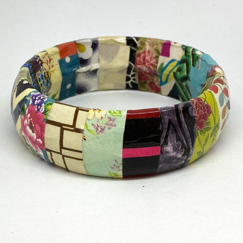 Upcycled bangle decoupaged with magazine paper. Paper jewellery. Stocking filler. Gift for her. Paper bracelet. Ready to ship. image 2