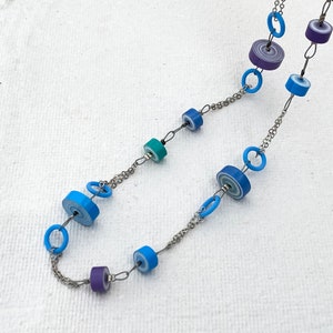 Long necklace. Paper beads. Paper jewellery. Ready to ship. Stocking filler. Unique gift. Blue and purple necklace. 1st anniversary gift. image 4