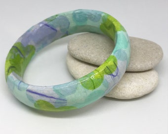 Romantic bangle decoupaged with paper. Floral design. Bracelet. Paper jewellery. Soft blue and green jewellery. Gift for her. Eco friendly.