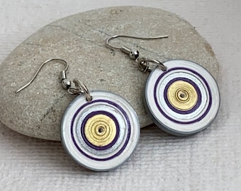 Paper earrings. Round gold and purple earrings. Quilling paper earrings. Paper jewellery. Gift for her. Eco friendly jewelry. Geometric.