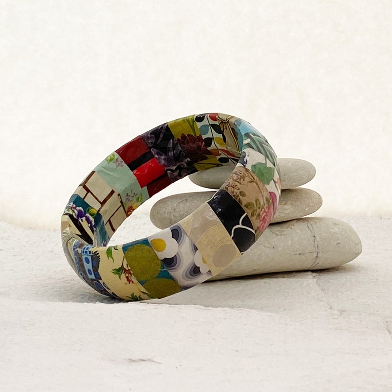 Upcycled bangle decoupaged with magazine paper. Paper jewellery. Stocking filler. Gift for her. Paper bracelet. Ready to ship. image 8