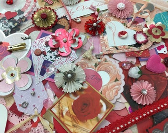 Valentine paper embellishments. Valentines crafts. Junk Journal. Scrapbooking.  Card making kit. Paper DIY supplies.