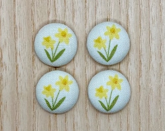 Daffodil fabric Buttons, 18mm x 4, Handmade fabric buttons, Daffodil flowers, St Davids Day