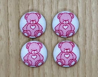 Fabric buttons, Pink Teddy Bear,  18mm x 4, Handmade Buttons