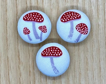 Mushroom Toadstool Handmade Fabric Buttons, 22mm x 3, Fabric buttons for clothing