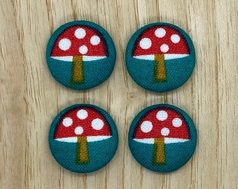 Mushroom Toadstool Fabric buttons, 16mm x 4, Handmade Buttons for sewing, cute mushroom
