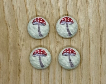 Mushroom Fabric buttons, Toadstool, Lemon & Red, 15mm x 4, Handmade buttons