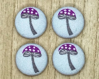 Fabric buttons, Purple Mushrooms, Toadstools, 15mm x 4, Handmade buttons