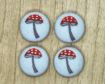 Fabric buttons, Red Mushrooms, Toadstools, 15mm x 4, Handmade buttons