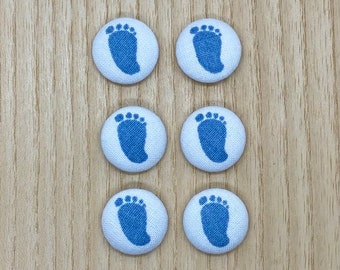Baby Footprint handmade fabric buttons, 16mm, set of 6, Blue baby Feet, New baby gift
