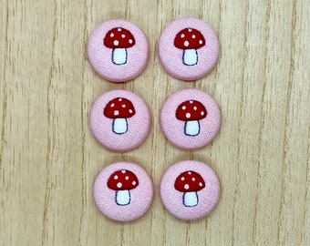 Cute Mushroom fabric Buttons, 15mm x 6, Handmade Buttons, pink