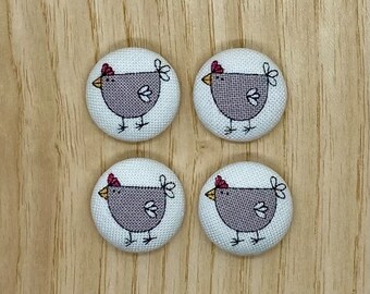 Chicken Fabric buttons, 16mm, set of 4, Handmade Buttons for sewing, chicken, farm, grey chickens
