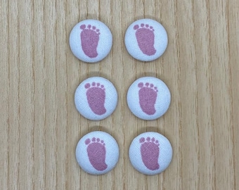 Baby Footprint handmade fabric buttons, 16mm, set of 6, Pink baby Feet, New baby gift