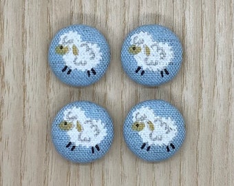 Sheep Fabric buttons, 18mm x 4, Handmade Buttons, washable, Easter, Spring, blue