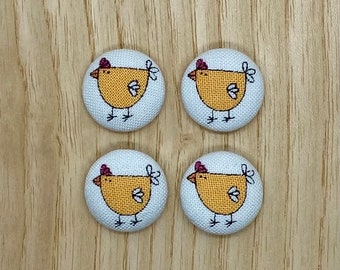 Chicken Fabric buttons, 16mm, set of 4, Handmade Buttons for sewing, chicken, farm, yellow chickens