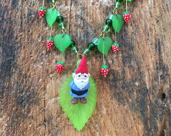 Gnome in the strawberry patch necklace