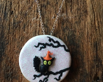 Cat in the moonlight halloween necklace/brooch