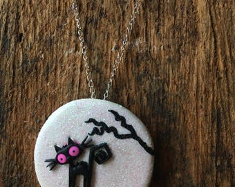 Cat in the moonlight halloween necklace/brooch