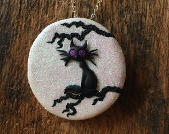 Cat in the moonlight halloween necklace/brooch