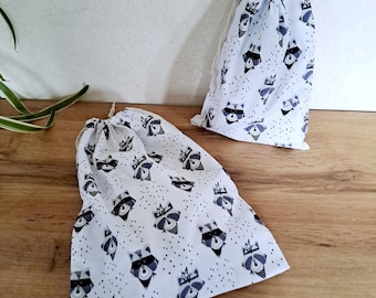 Pochon- ensemble de 2 sacs pochons noir et blanc motifs Raton laveurs