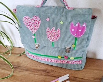 Cartable maternelle vert amande, sac cartable " fleurs rose liberty"