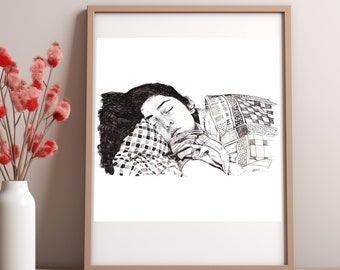 Original Zeichnung einer schlafenden Frau, handgezeichnete Schlaftigkeit Kunst, Geschenk für Teenager, Wandkunst für Schlafzimmer, Traum induzierendes meditatives Kunstwerk