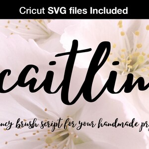 May include: A bouncy brush script font design for handmade projects, featuring the name "caitlin" in black script on a white floral background.