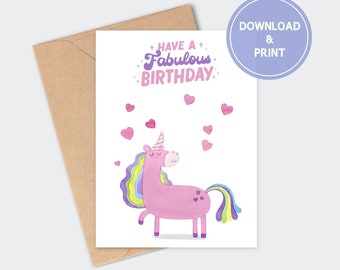 Girly Unicorn Printable Birthday Card, Cute and Magical Card for Girls, Girls Birthday Card, Unicorn Theme Party, Rainbow Unicorn Card
