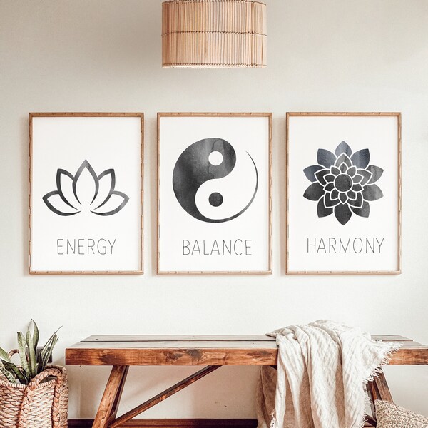 Ensemble de 3 affiches minimalistes zen, décoration boho de la maison, art spirituel, art mural de méditation, art mural noir et blanc