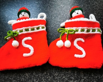 Brand new hand knitted personalised  novelty christmas stockings  with a small snowman