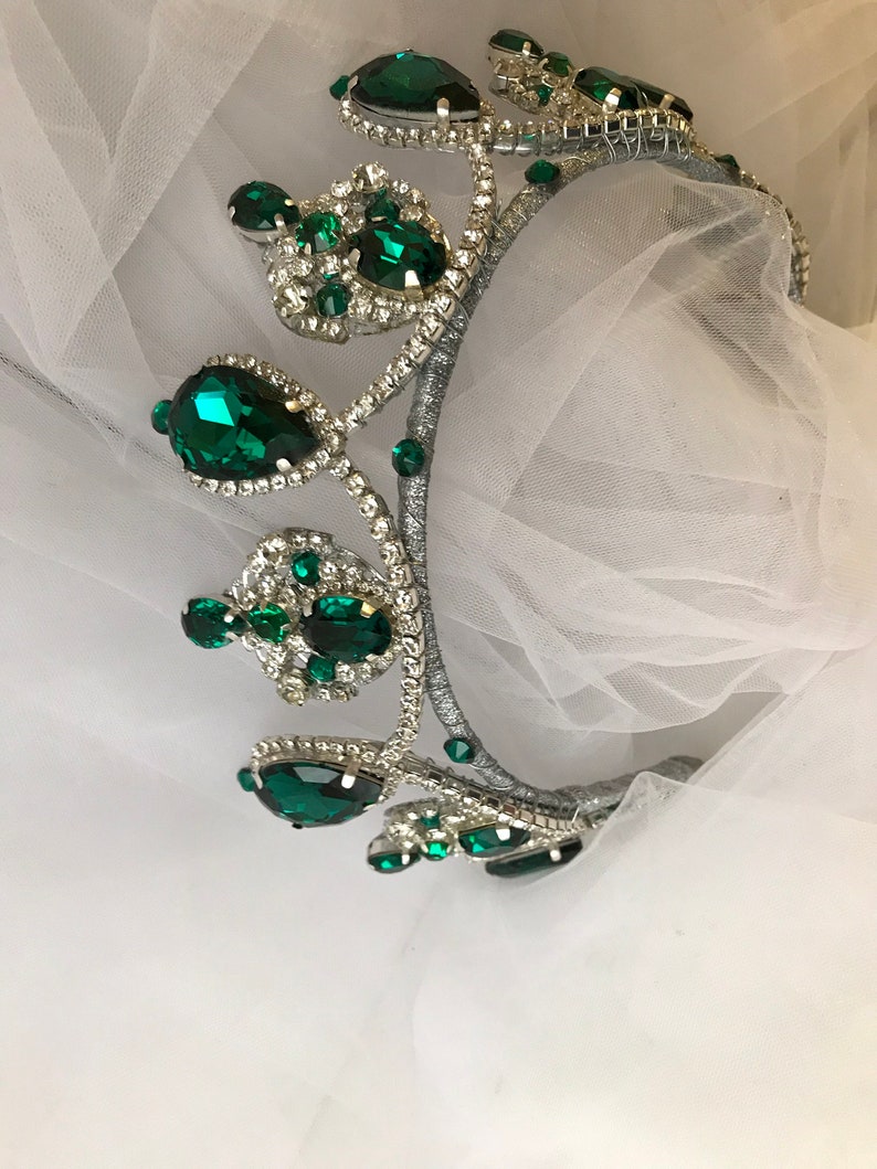 Emerald crown handmade green royal wedding tiara silver emerald drop crystals emerald wedding bridal crown gift for her costume accessories