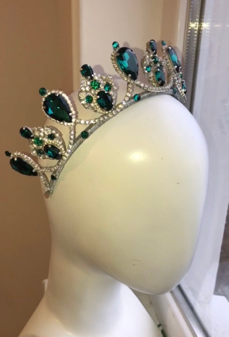 Emerald crown handmade green royal wedding tiara silver emerald drop crystals emerald wedding bridal crown gift for her costume accessories