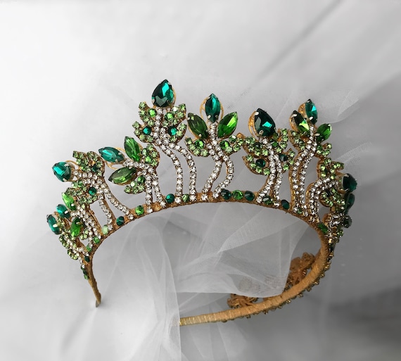 Emerald crown handmade green royal wedding tiara silver emerald drop crystals emerald wedding bridal crown gift for her costume accessories