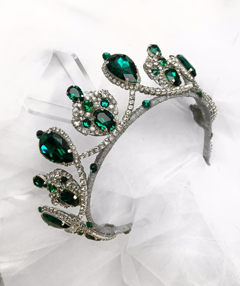 Emerald crown handmade green royal wedding tiara silver emerald drop crystals emerald wedding bridal crown gift for her costume accessories