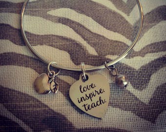 Love. Inspire. Teach. | Teachers Bracelet Gift | Silver Bangle | Education Educator School Professor