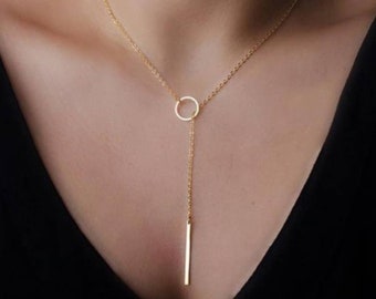 Lariat Circle and Stick Bar Pendant Necklace | Rose Gold Silver | Wedding Party | Dainty Minimal Simple Jewelry Jewellery | Holiday Gift