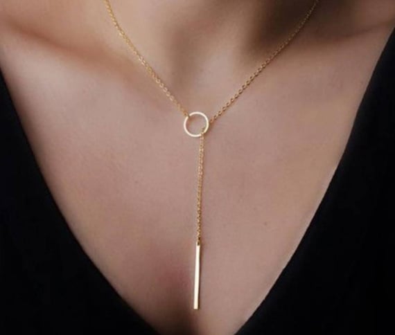 Lariat Circle and Stick Bar Pendant Necklace Rose Gold Silver