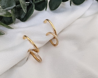 Double Hoop & Cuff Earrings | Crystal Gold Hoops | Earlobe | Unique New Style | Trendy Statement Earring