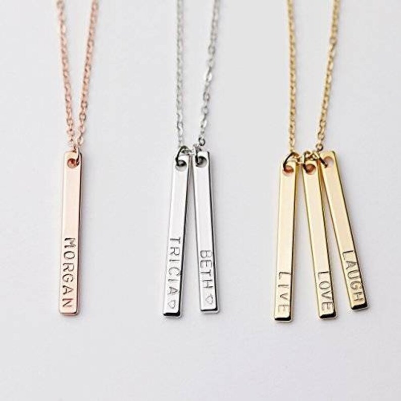 Name Word Bar Necklaces Rose Gold Silver or Gold Wedding Bridesmaids Mom
