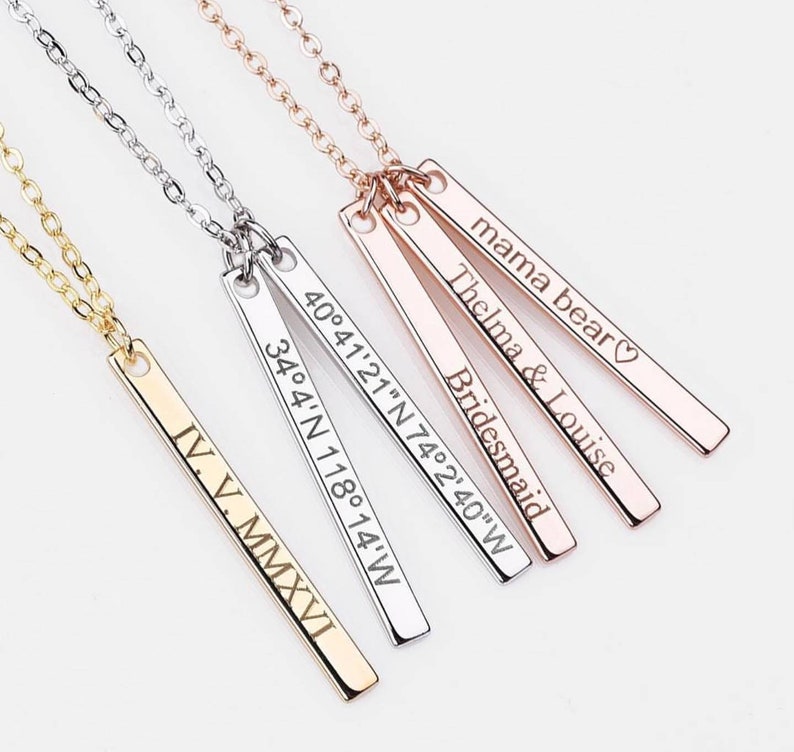 Name Word Bar Necklaces Rose Gold Silver or Gold Wedding Bridesmaids Mom